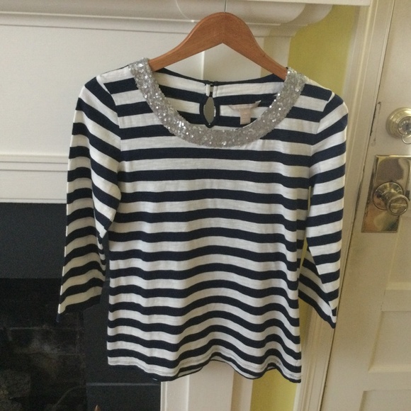 Banana Republic Sequin Collar Striped Tee Navy Blue White - Size Medium - Picture 2 of 13